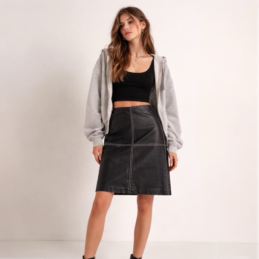 Vintage Dollhouse 100% Leather Contrast Stitch Skirt